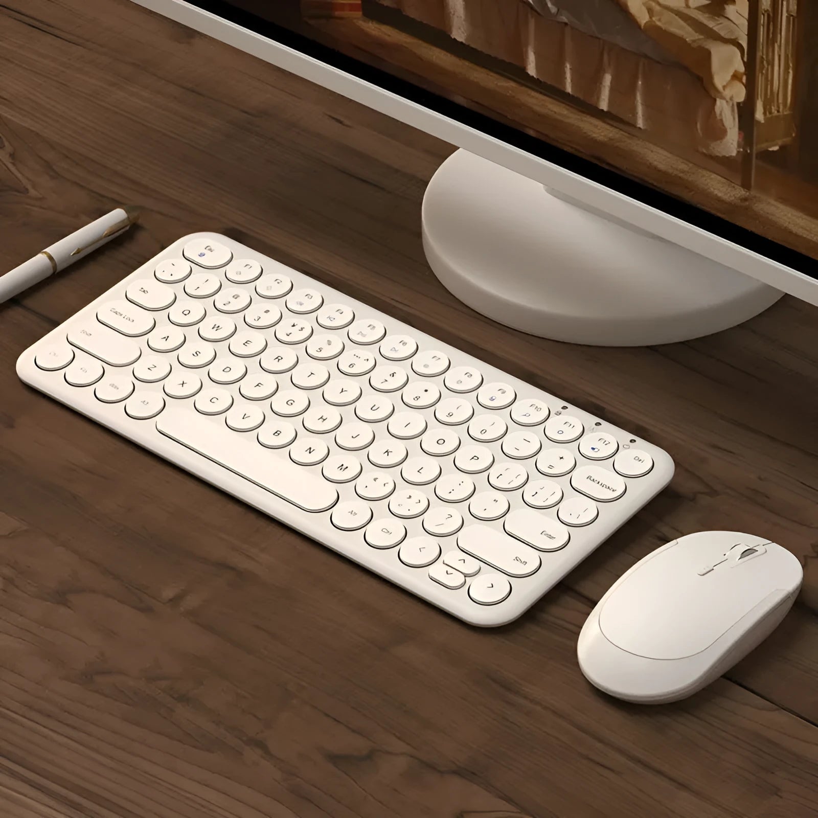 Ultra-thin wireless keyboard and mouse set in black, white or pink colour.