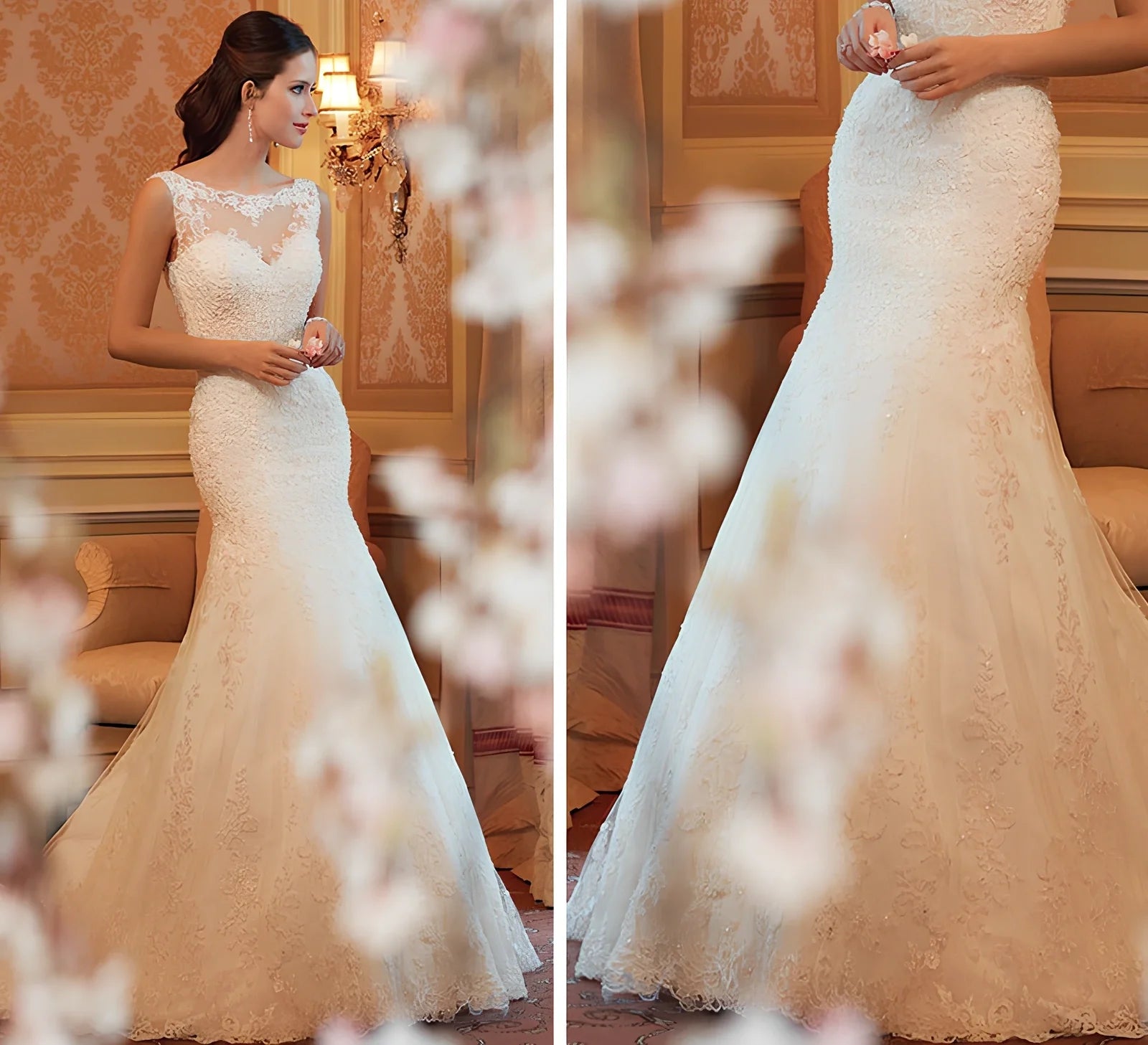 White sleeveless lace fishtail wedding dress with adjustable bust 77-84cm in size S and waist 60-67cm