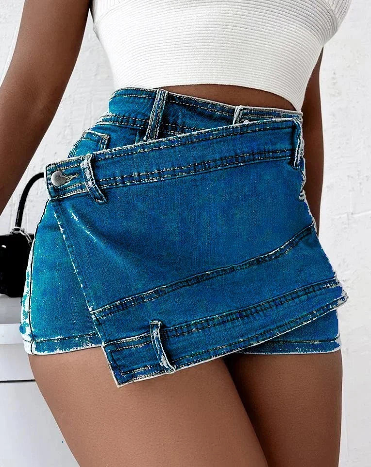 Stylish Y2K-inspired denim shorts with an asymmetrical hem, offering a trendy and comfortable fit.