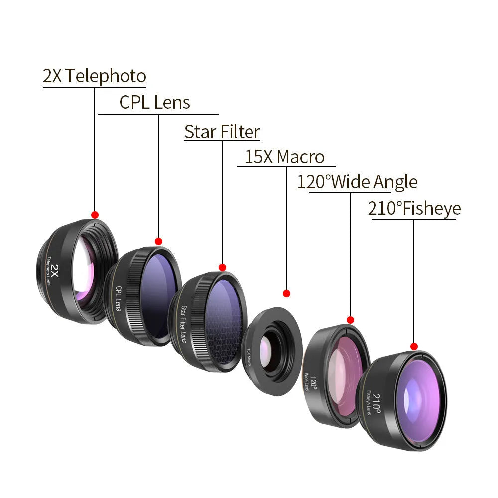 Black 6-in-1 universal smartphone lens kit with fisheye, macro, wide-angle, telephoto, CPL and star filter lenses and a clip.