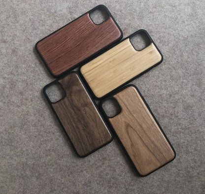 Wooden mobile phone case showing natural grain texture with iPhone 15 compatibility