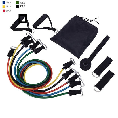Portable Fitness Rally set with five resistance bands, handles, and ankle straps for comprehensive workouts