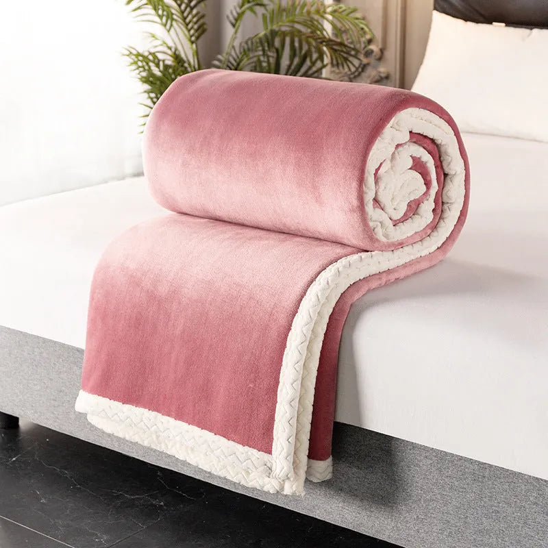 Double fleece blanket in modern plain style with 530gsm coral fleece texture, available in multiple colours and sizes