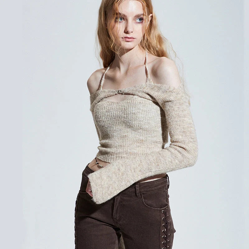 Off-shoulder knitted sweater for women in black, blue, and apricot