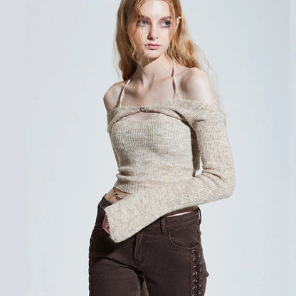 Off-shoulder knitted sweater for women in black, blue, and apricot