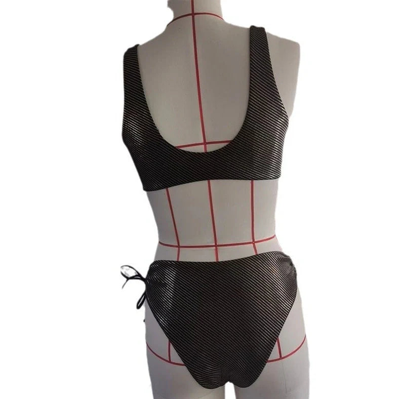 Black women's triangle swimsuit with adjustable ties and lined construction for swimming