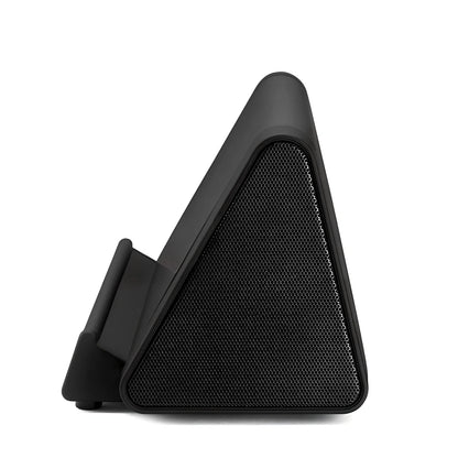 Compact black wireless Bluetooth speaker with micro-USB charging port and touch controls