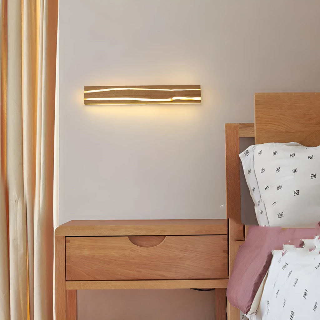 Solid wood bedroom LED wall light in log colour with rubber wood and acrylic construction