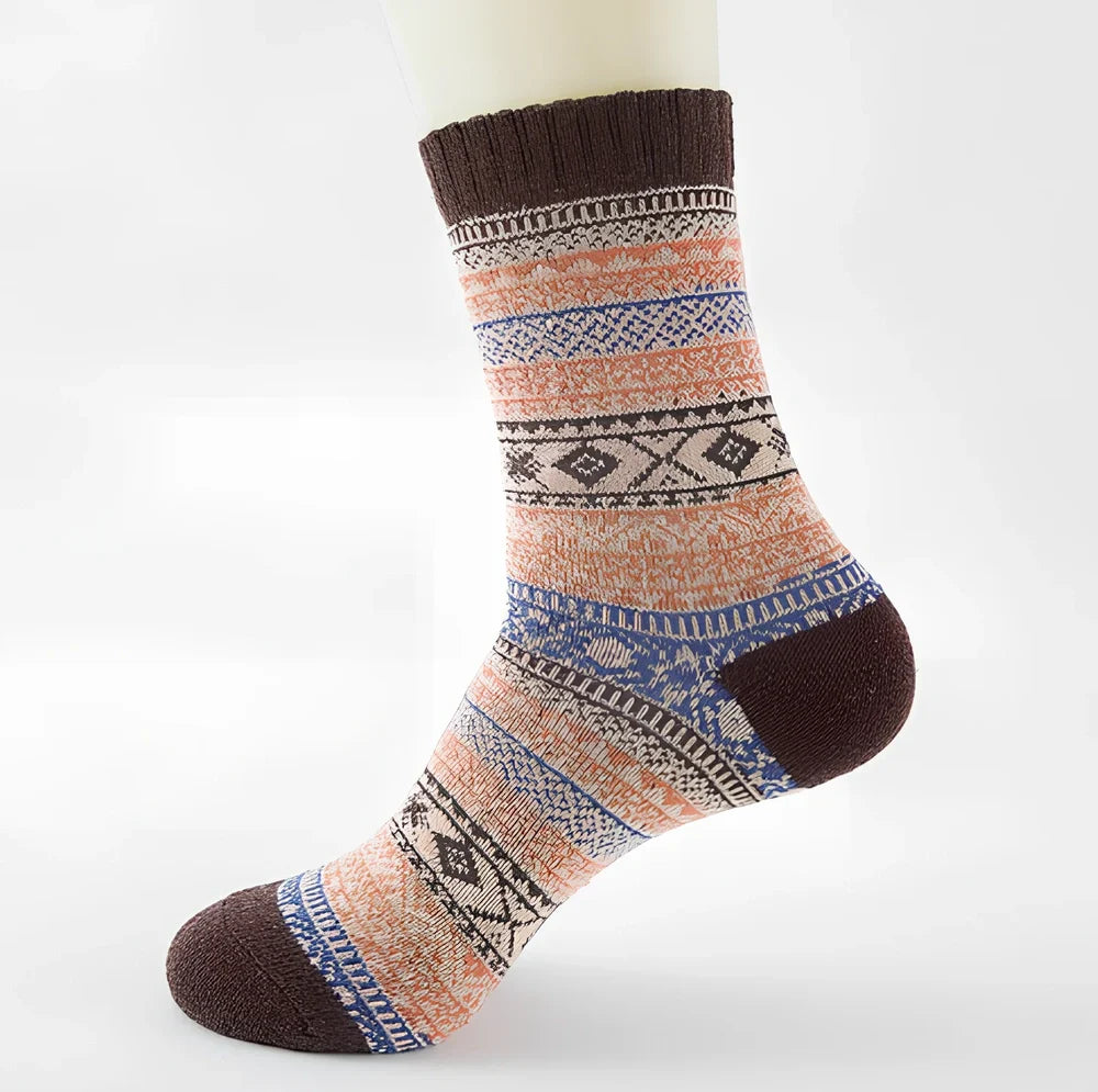 Pack of 5 thick stripe wool blend socks in various colours, featuring 15% rabbit hair for winter warmth, fitting sizes 39-42