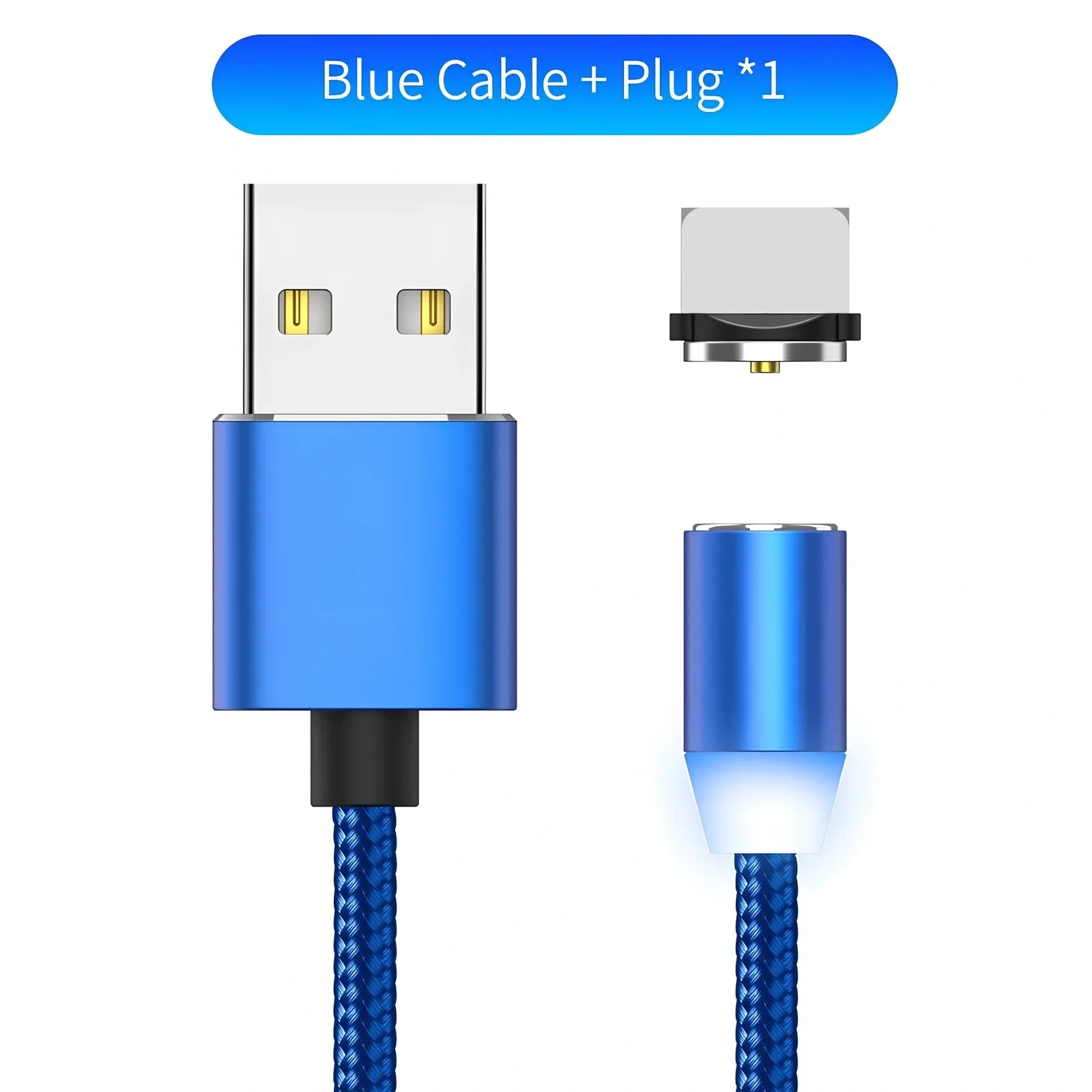 YBD 1m black magnetic LED charging cable with three-in-one plugs for iPhone and Android, showing N52 magnet connection