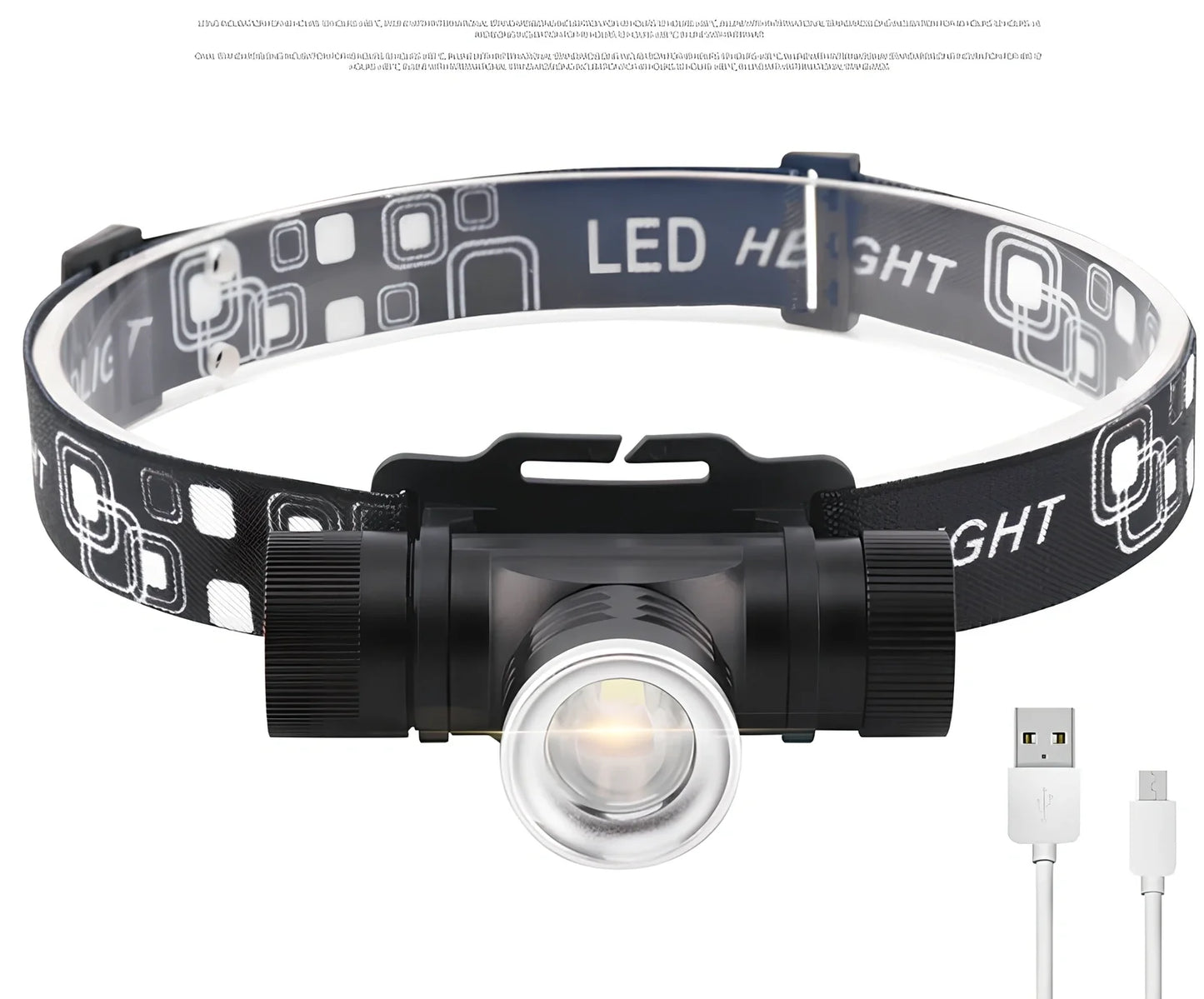 Black USB rechargeable T6 LED headlight with 1000 lumens, telescopic focus, and elastic headband on white background