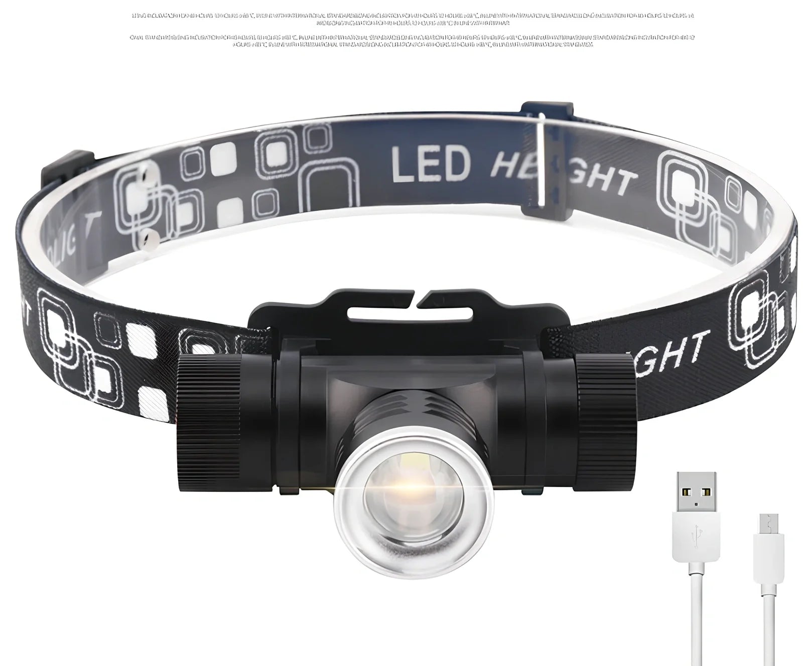 Black USB rechargeable T6 LED headlight with 1000 lumens, telescopic focus, and elastic headband on white background