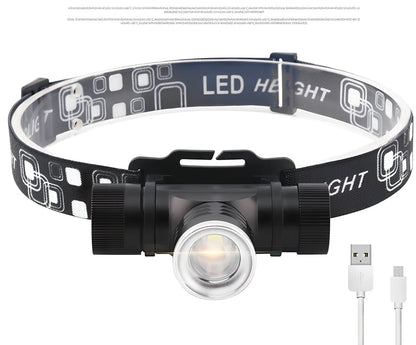 Black USB rechargeable T6 LED headlight with 1000 lumens, telescopic focus, and elastic headband on white background