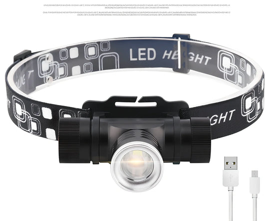 Black USB rechargeable T6 LED headlight with 1000 lumens, telescopic focus, and elastic headband on white background