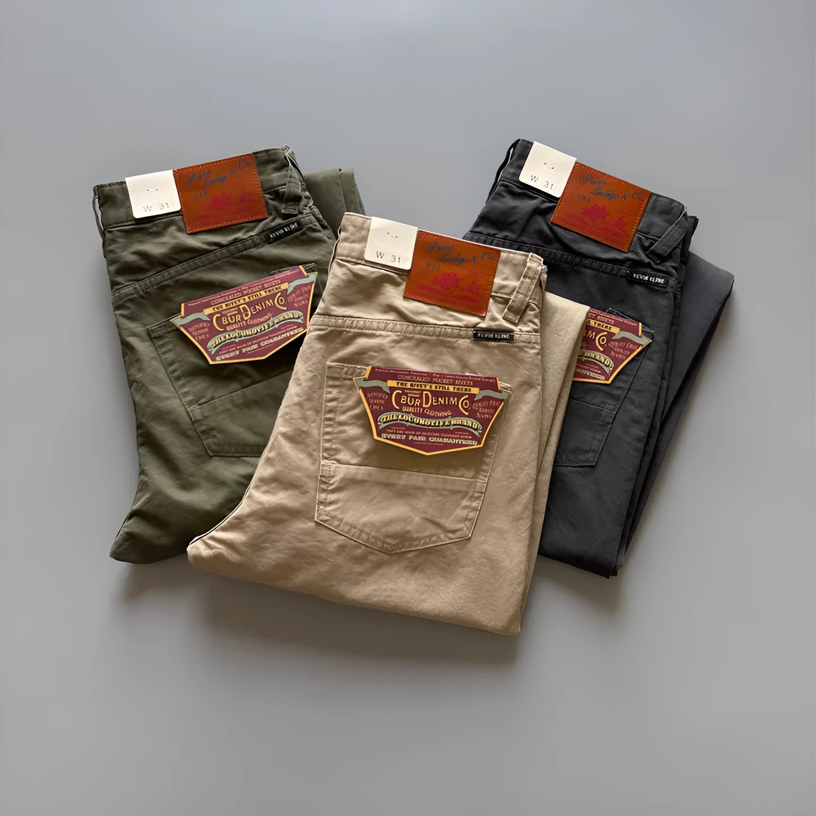 Men's straight-leg cotton casual trousers in grey, shown laid flat