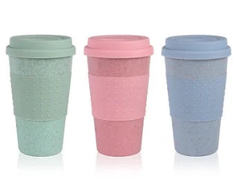 Eco-friendly wheat straw coffee cup with silicone lid in green, pink, and blue