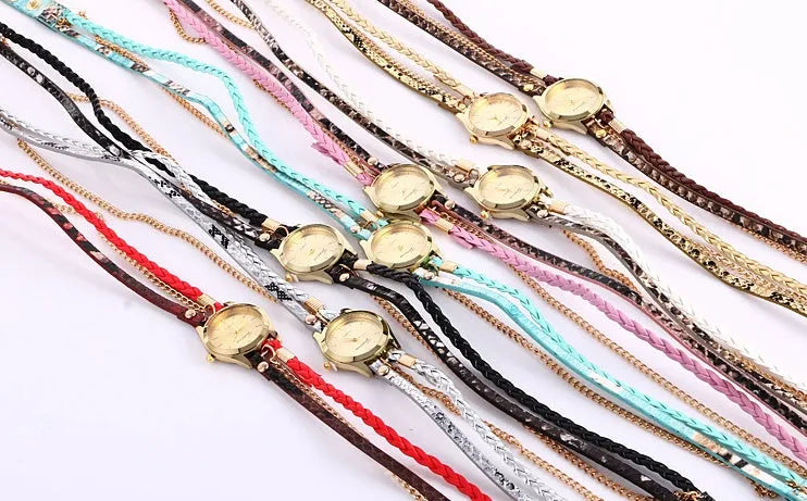 Ladies wrap watch with leopard weave bracelet, round alloy case, and quartz movement