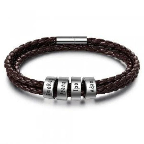 Personalized braided leather bracelet with engraved charm for men, available in black, brown, and navy colors