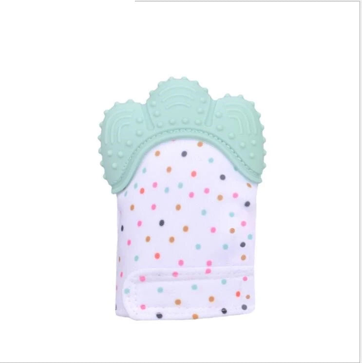 Baby silicone molar teething gloves in various colours with secure Velcro strap