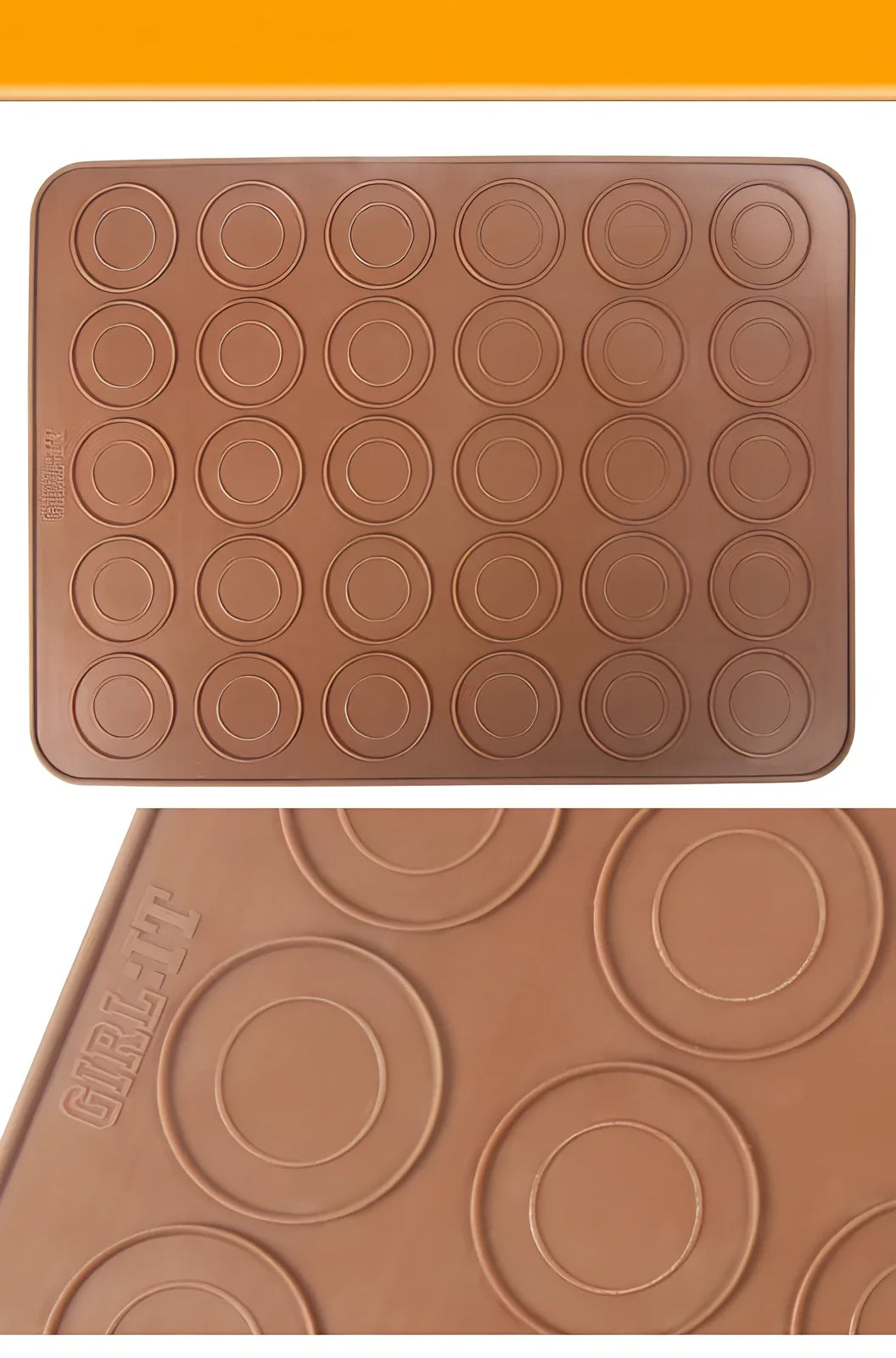 Brown silicone baking mat 29.5 cm x 21.5 cm with 2.3 cm and 3.7 cm circles for non-stick oven baking