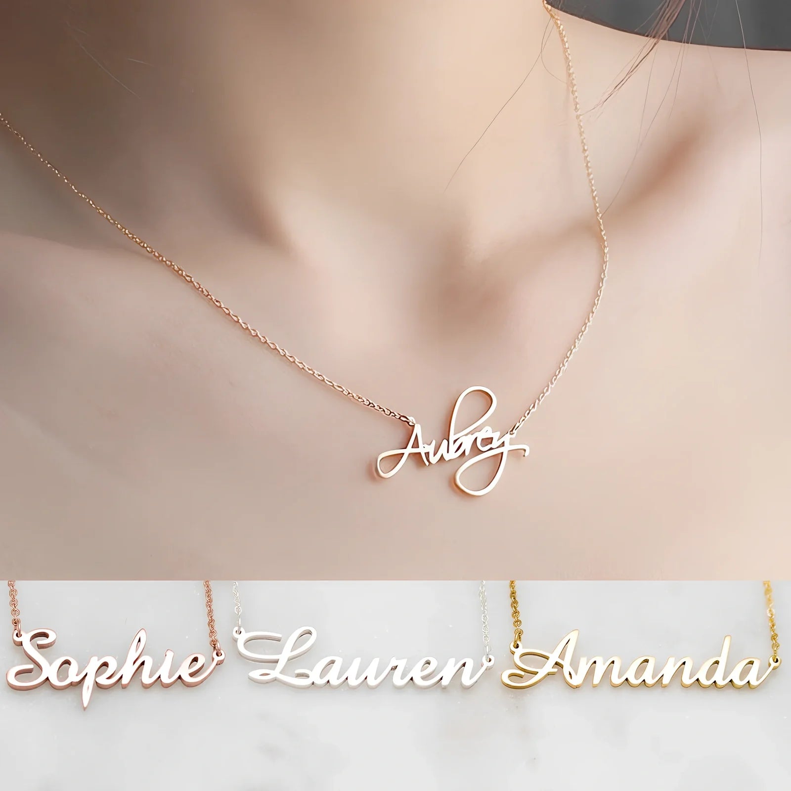 Custom name pendant necklace in titanium steel with 925 silver plating, rose gold chain 45cm length