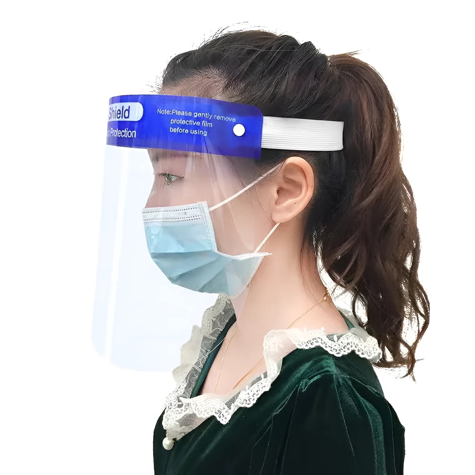 Blue PET self-protection head-on anti-splash mask on white background showing front view