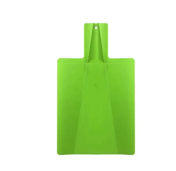 Green folding plastic cutting board 37.5cm x 21cm with non-slip texture and hanging hole on a kitchen counter