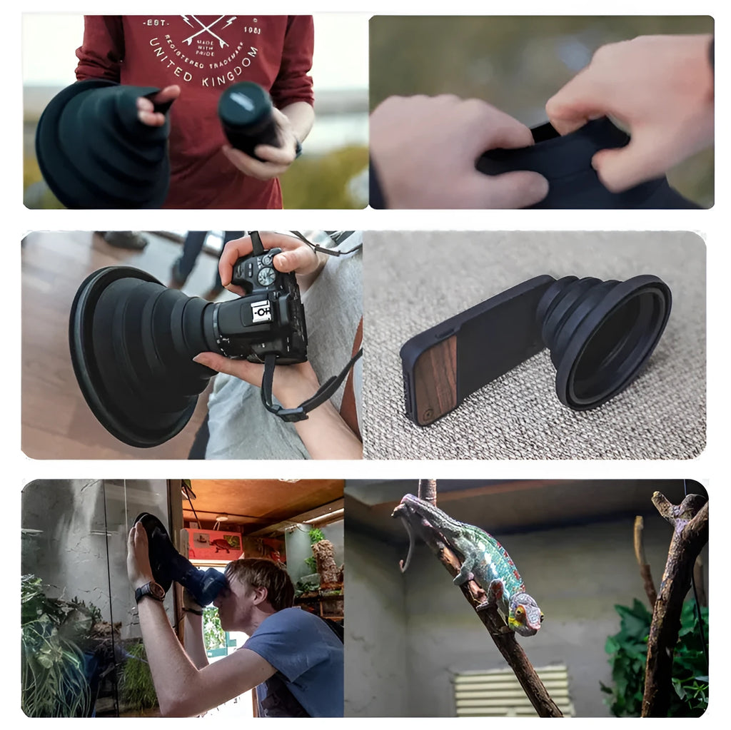 Black conical silicone lens hood for DSLR cameras showing large and small size options