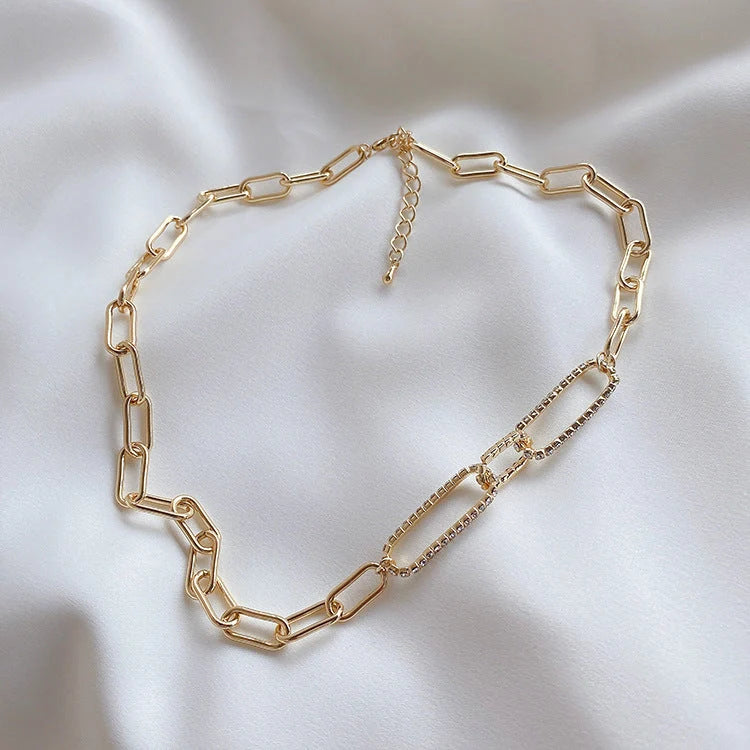 Vintage Cold Wind Zircon Metal Chain Necklace in gold with electroplating
