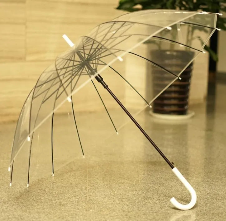 Transparent 16-rib umbrella with long black handle, showing black steel skeleton structure