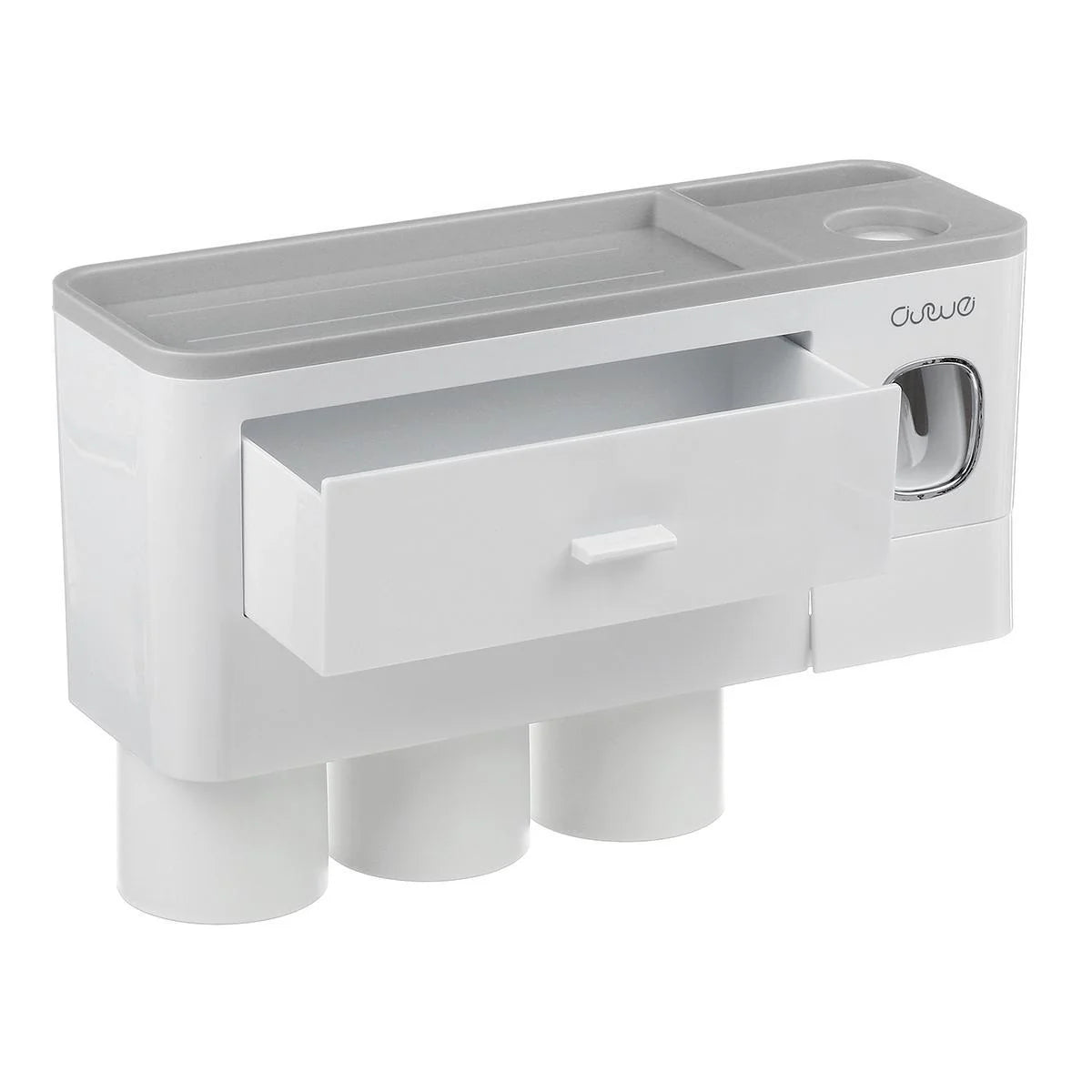 Non-marking hanging magnetic toothbrush holder with toothpaste squeezer in blue and grey