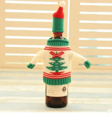 Knitted Christmas Bottle Set with festive designs including Joy, Christmas tree, elk, and snowman