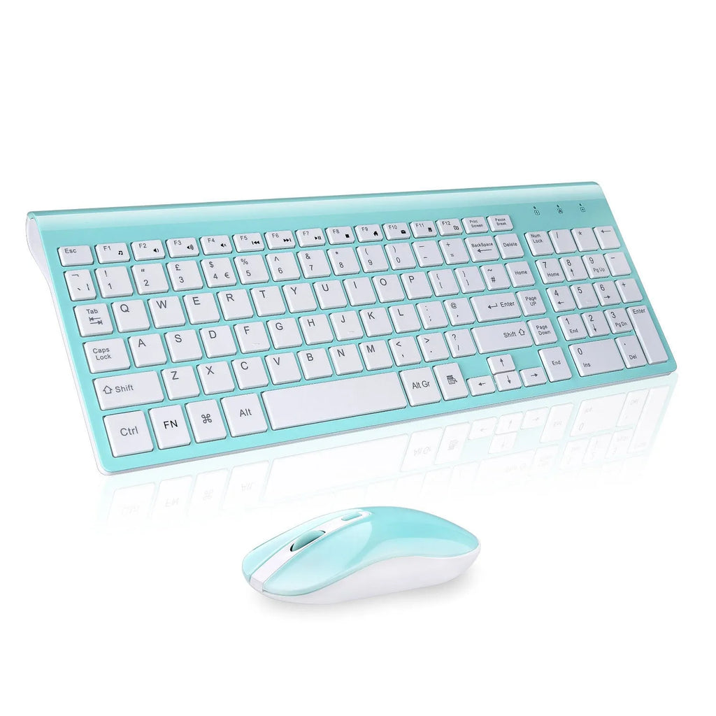 Fashion wireless keyboard and mouse set in blue, full-size layout with numeric keypad and 2.4G nano receiver