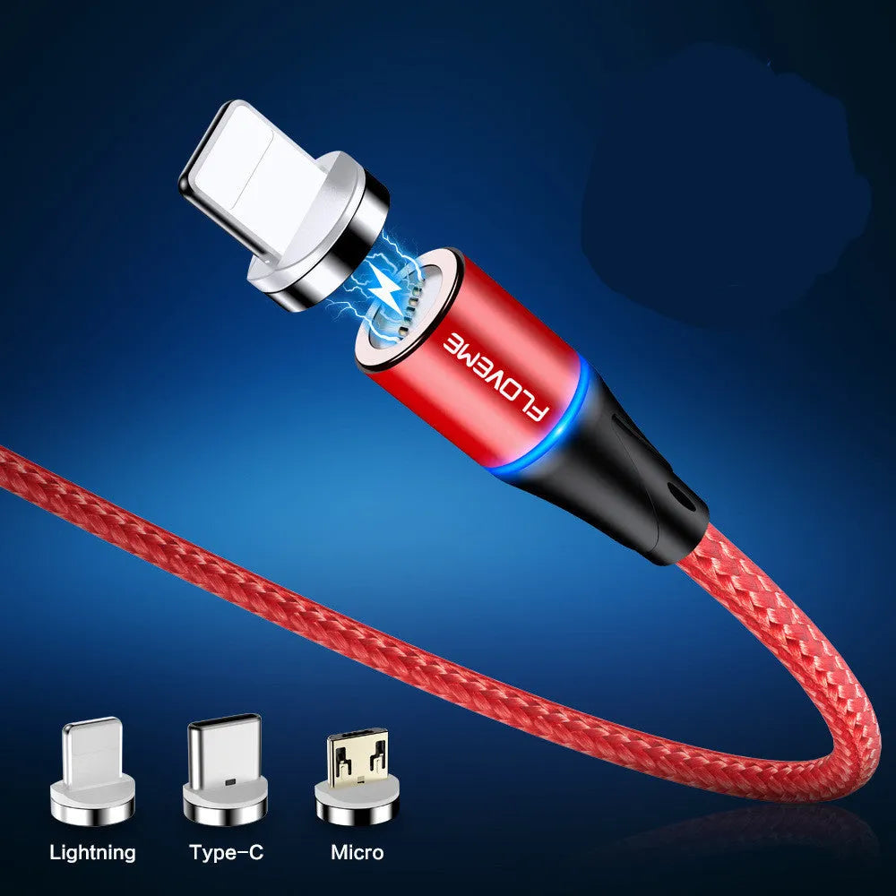 Black magnetic USB charging cable with LED light, compatible with Apple iPhone and Android phones