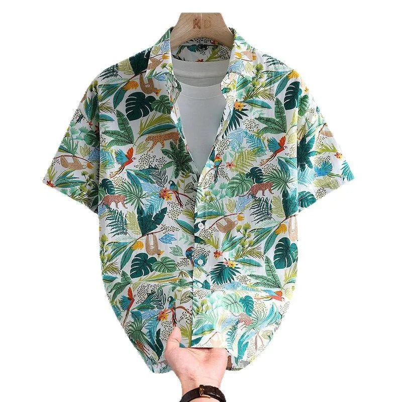 Men's short sleeve cotton shirt with colourful Hawaiian floral print, cardigan style.