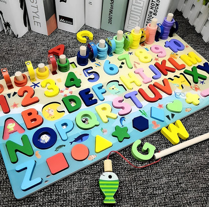 Wooden 3D alphabet number puzzle board 42x16x8 cm with geometric letter and number pieces in ocean blue theme