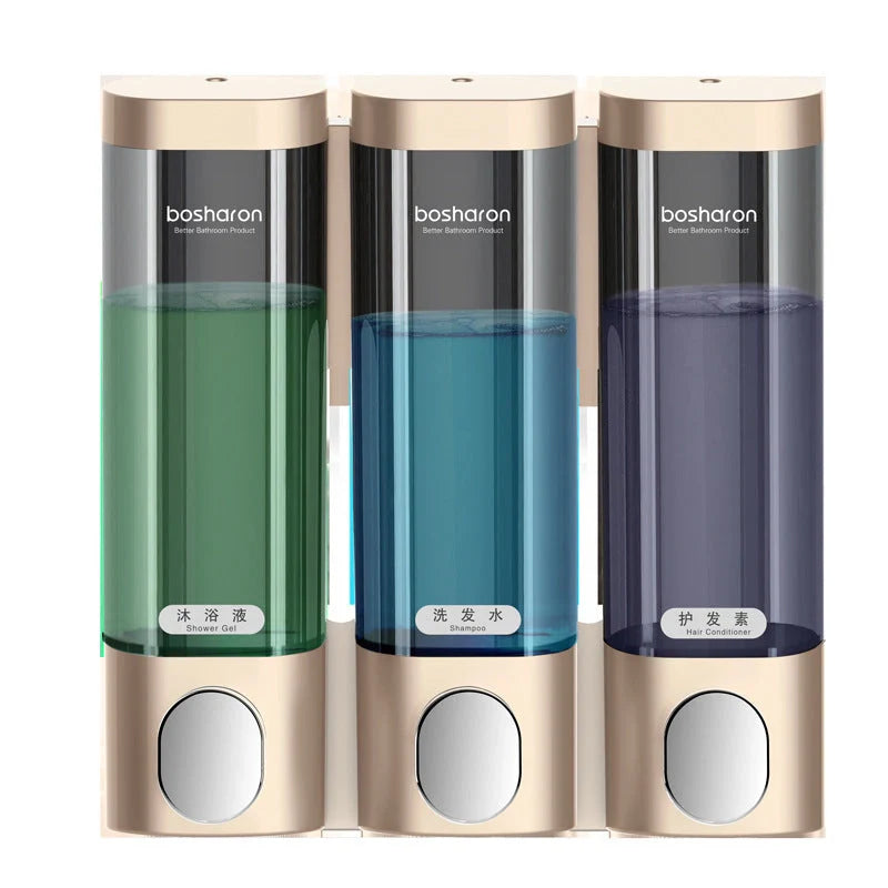 Wall-mounted three-head soap dispenser in white, silver grey, and gold options