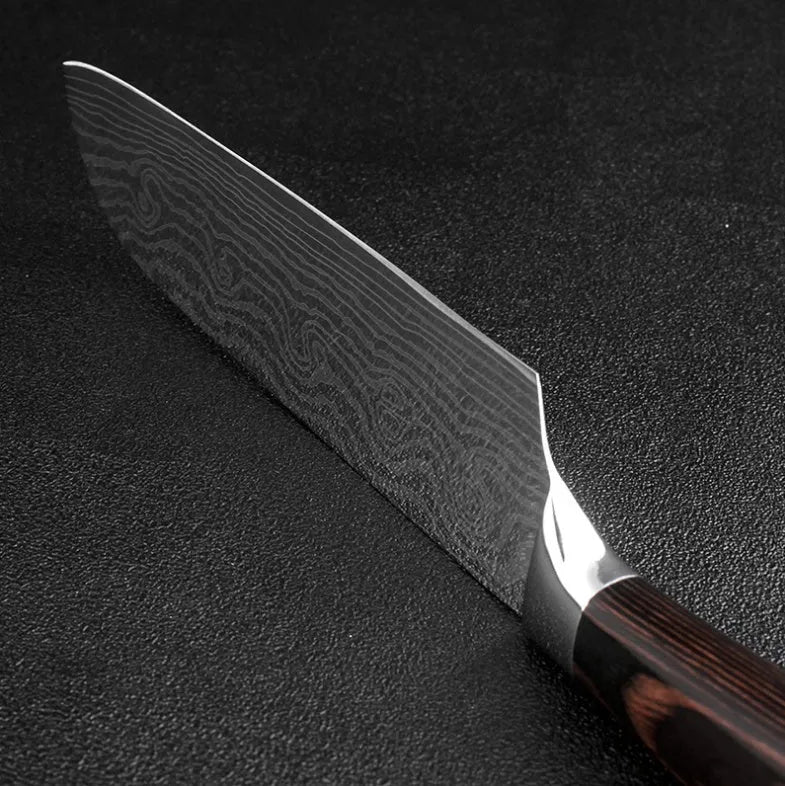 7Cr17 stainless steel kitchen knife with laser Damascus pattern on blade and colour wood handle