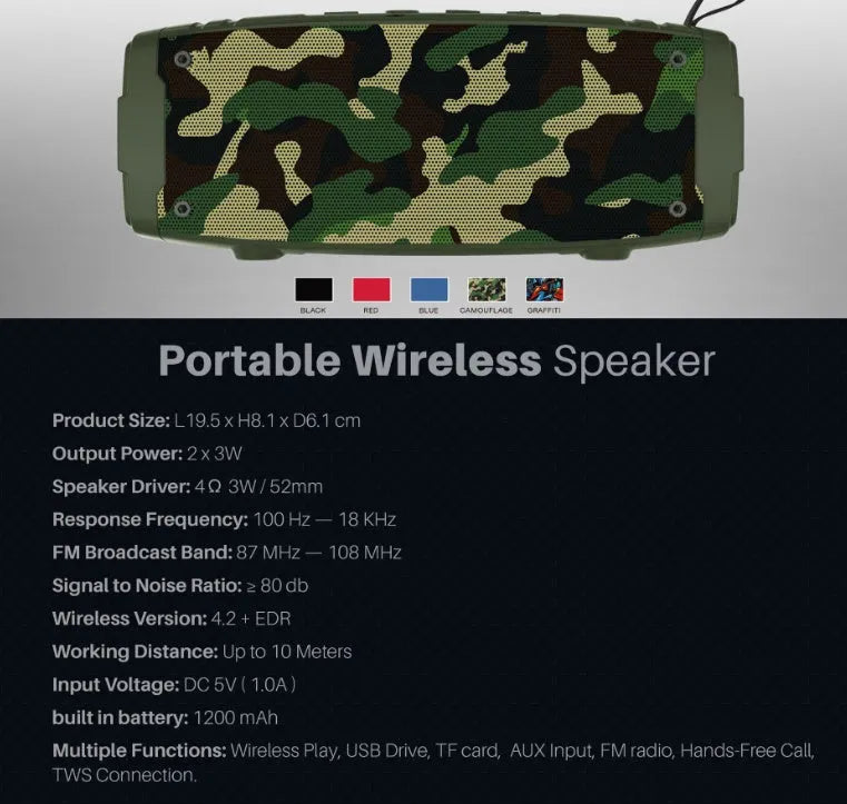 Portable Bluetooth speaker in multiple colours with dual speakers and a microSD card slot.