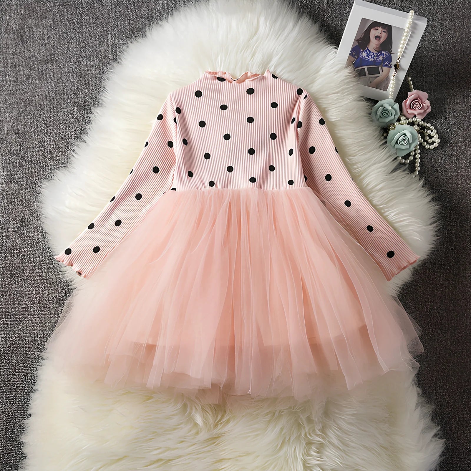 Baby girls long sleeve tutu lace dress in black, pink or white for ages 3-8 years