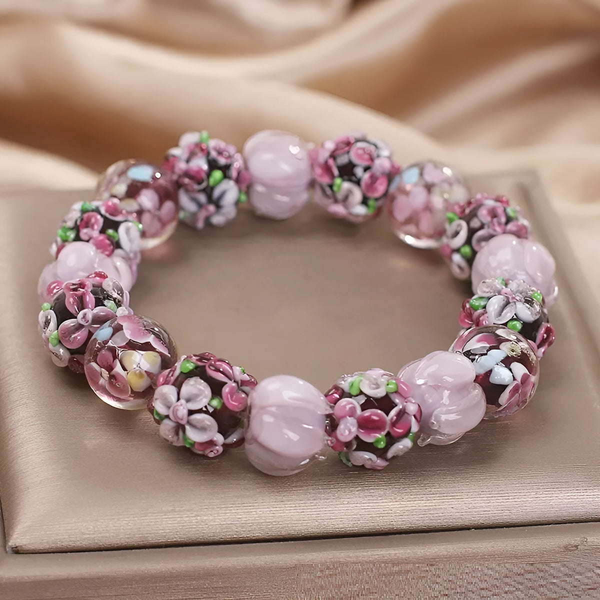 Chinese style purple floral glass bead bracelet for women with electroplated finish