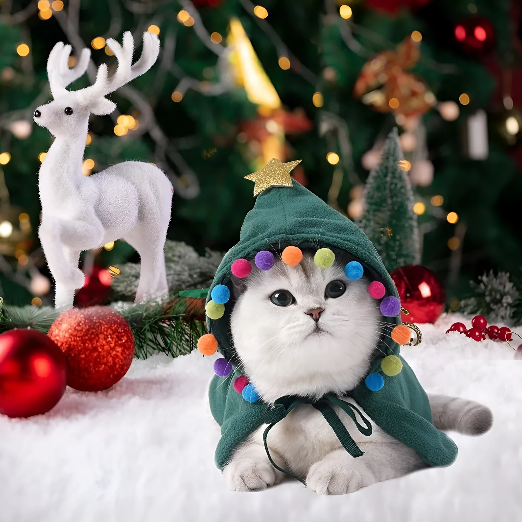 Green and red polar fleece pet Christmas cloak cape for cats, available in sizes S M and L