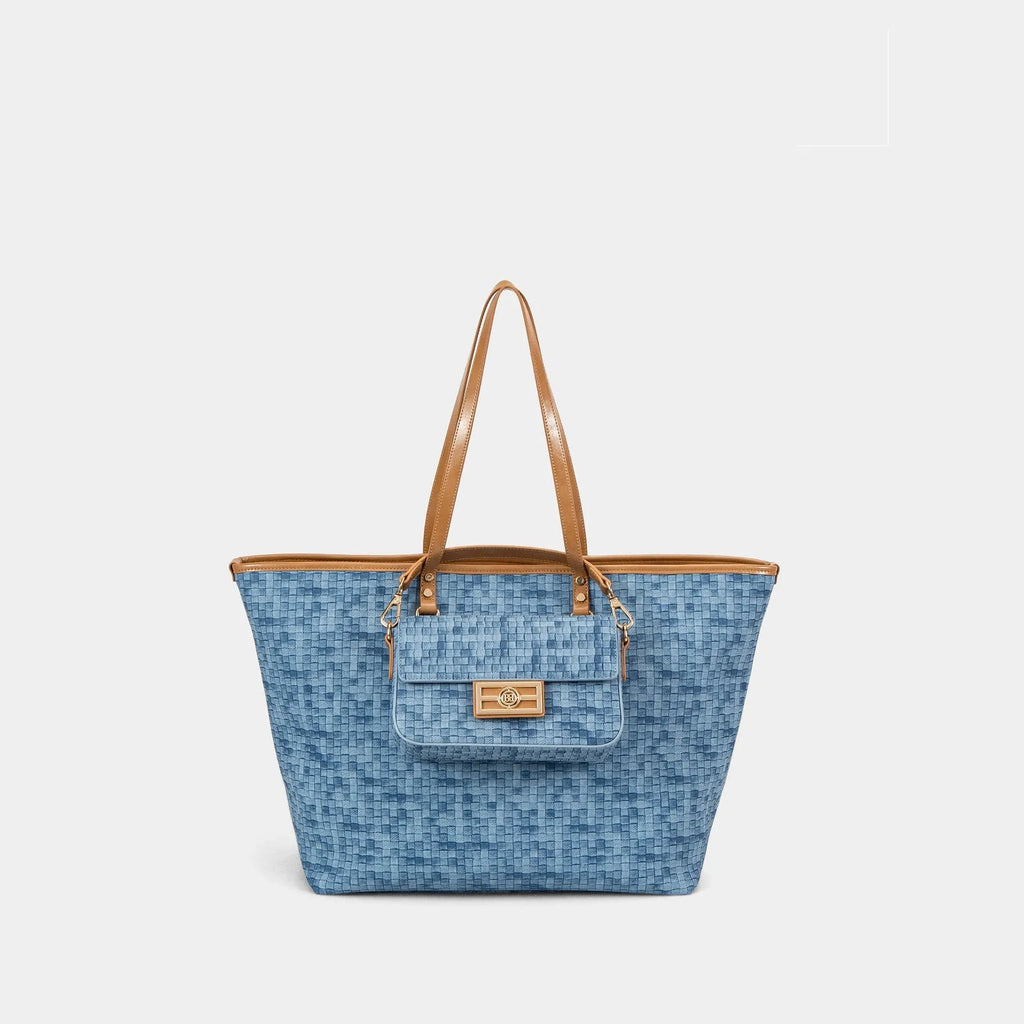 Woven light luxury women's hand-carrying bag in blue PVC, 52x31.5x20cm, for daily commuting and travel