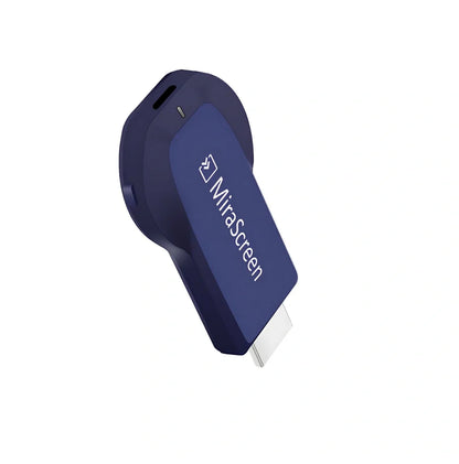 Compact 1080p wireless HDMI dongle in black, 6cm long with USB cable for TV streaming