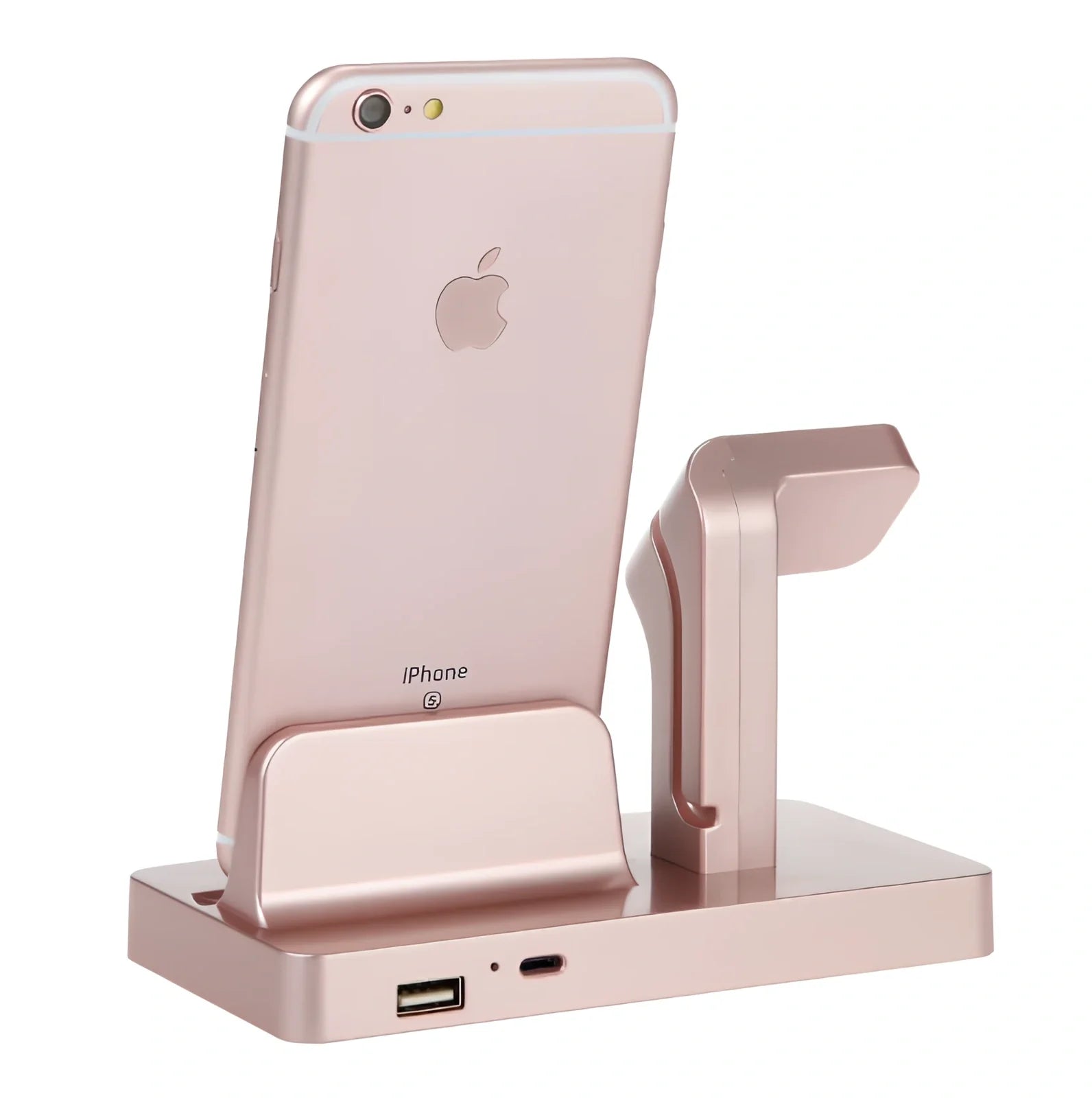 White 2-in-1 charging dock holding iPhone and Apple Watch, 150x78x106mm ABS stand with non-slip pads