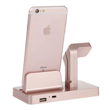 White 2-in-1 charging dock holding iPhone and Apple Watch, 150x78x106mm ABS stand with non-slip pads