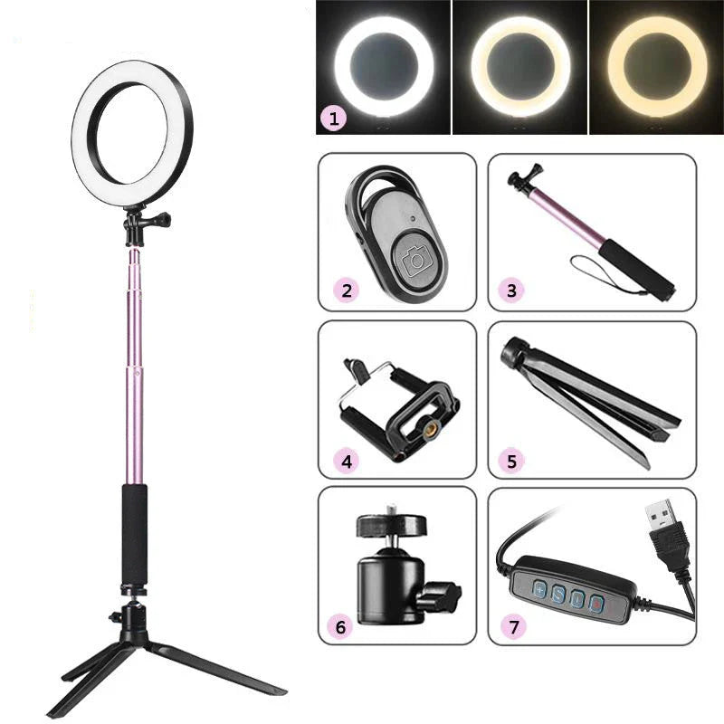 A versatile lighting kit for iPhone, including a ring light, tripod, and accessories to enhance mobile photography and videography