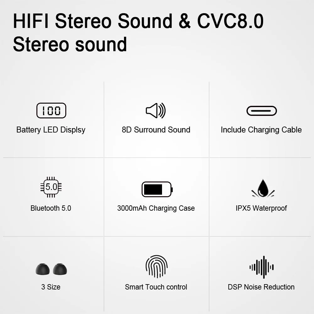 Black TWS Bluetooth wireless headset with earplug design and charging case
