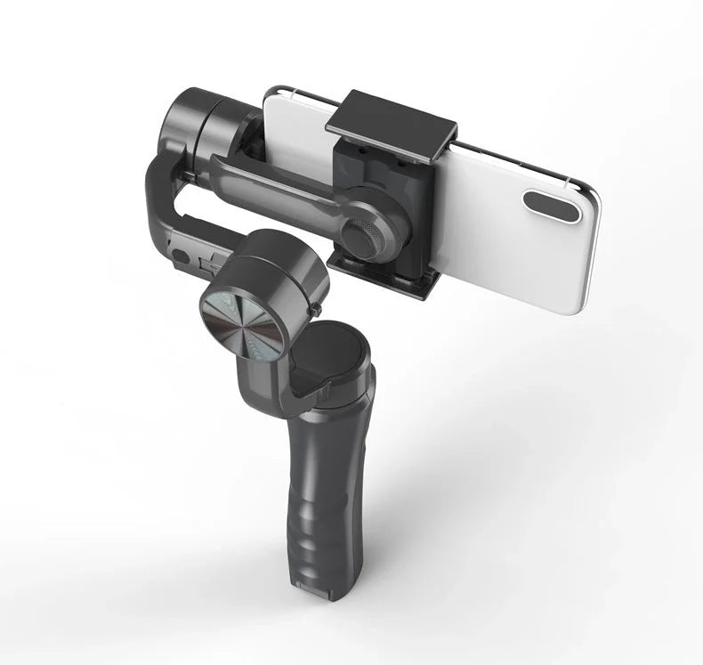 Handheld 3-axis gimbal stabilizer for iPhone in black, showing compact design and adjustable features