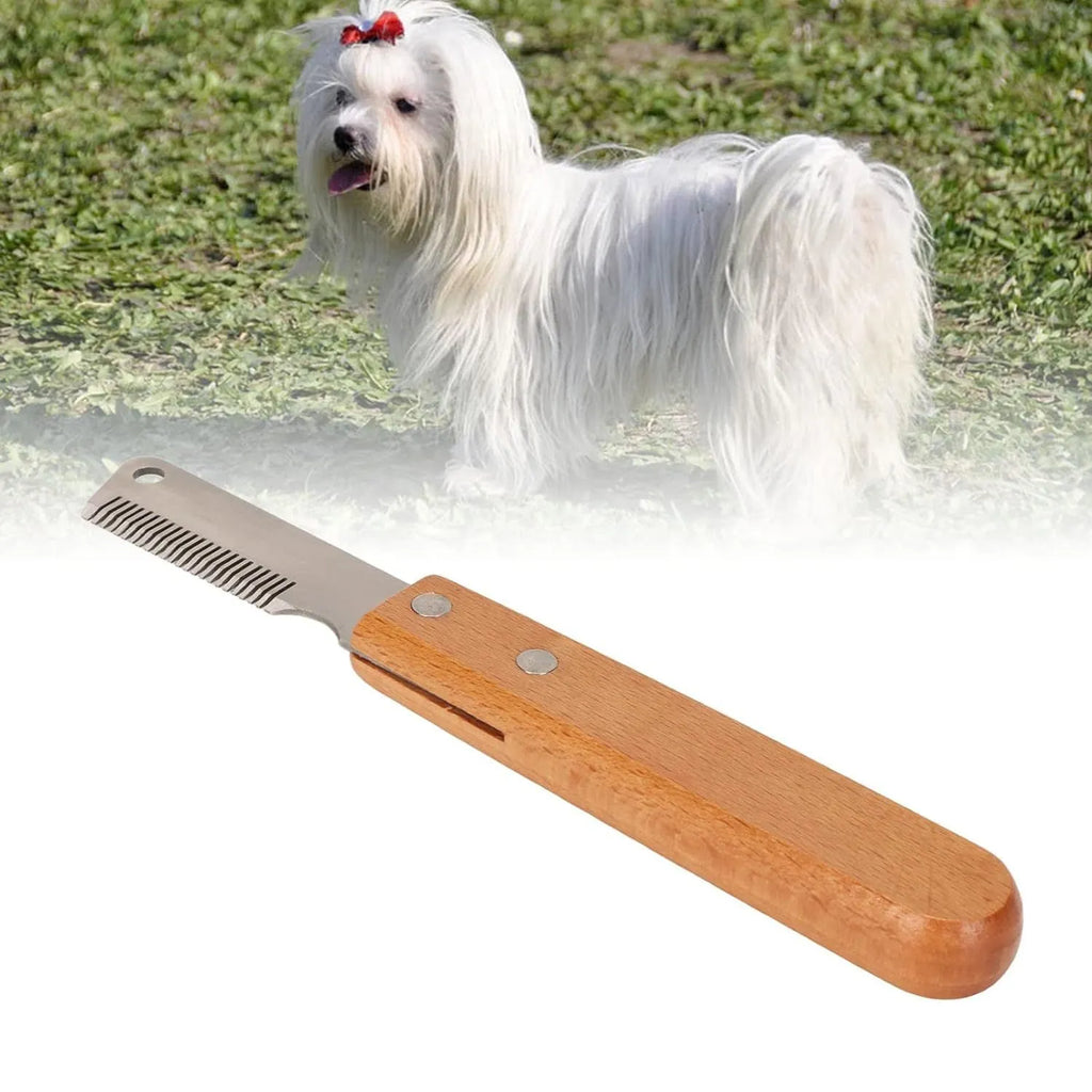 Pet stripping comb grooming tool with wood handle and metal teeth, shown in long and short size options.